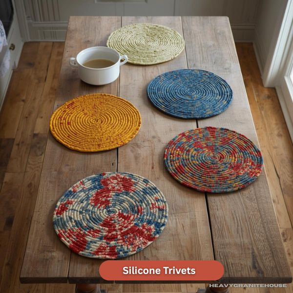 Heat-resistant silicone trivet protecting a white quartz countertop from a hot pan