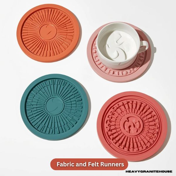 Quilted fabric runner used as a protective countertop trivet for warm serving dishes