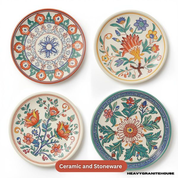 Decorative hand-painted ceramic trivet used for heat protection on a granite counter