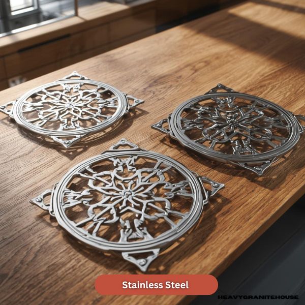 Expandable stainless steel countertop trivet placed on Absolute Black granite