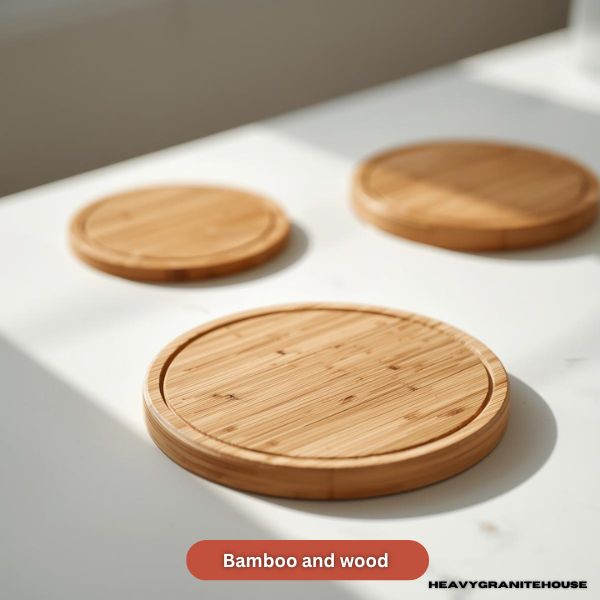 Handcrafted solid acacia wood trivet for protecting kitchen stone surfaces from hot pots