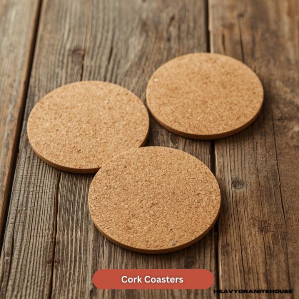 Round natural cork countertop trivet placed under a hot dish in a kitchen